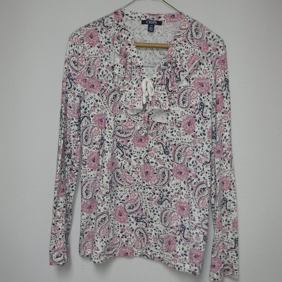 Chaps Ladies Cream/Blue/Pink Pasley V Neck with Ruffle Blouse - Picture 1 of 4